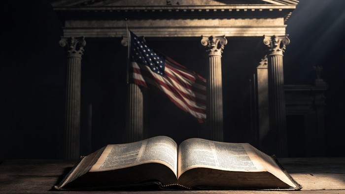 An open Bible before courthouse pillars and a shadowed American flag